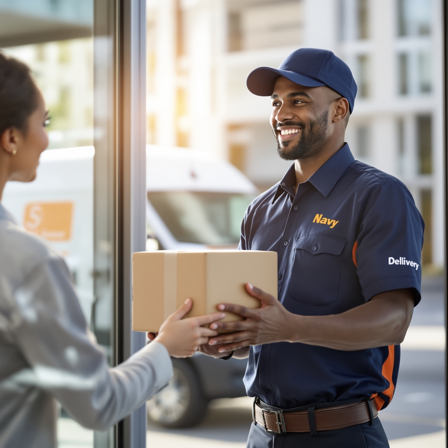 UrgentGo courier handing a parcel to a happy recipient