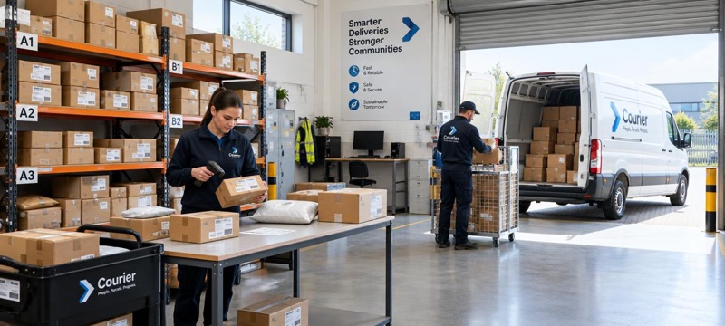 Courier hub depot with parcels and delivery van
