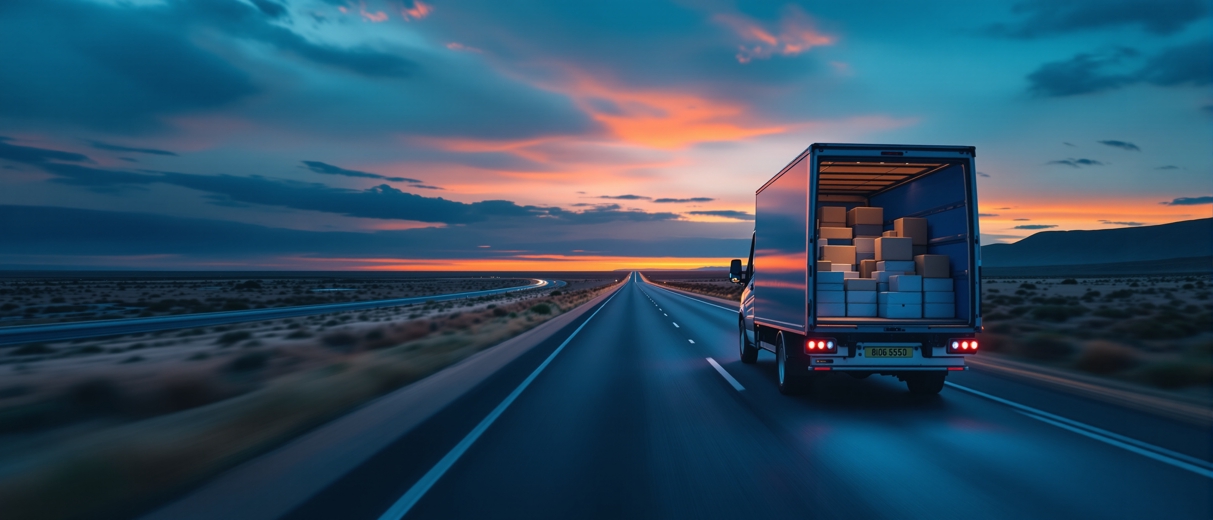 Next day delivery South Africa - courier van on open highway at dawn